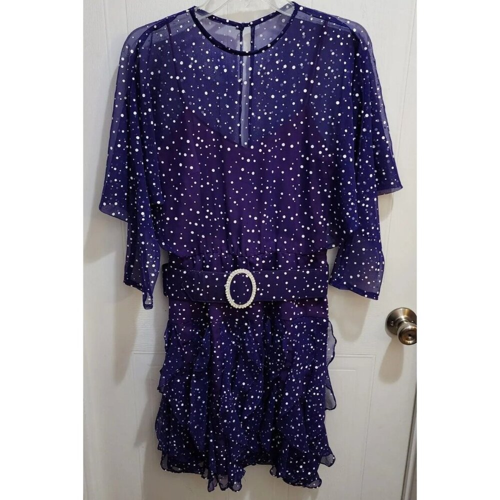 Vtg 80s Betsy & Adam Ruffle Party Dress‎ Batwing Sleeve Purple Polka Dot Size M